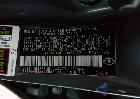 2012 Toyota Camry Se из США, поврежденный, VIN 4T1BF1FK1CU027173